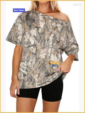 Off Shoulder Camo T Shirt Short Sleeve Oversized Boat Neck Tee